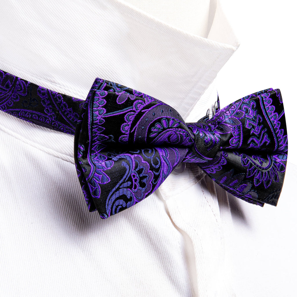 Purple Black Paisley Bow Tie Set - GentCrest - View 2