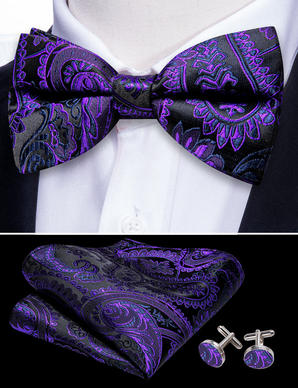 Purple Black Paisley Bow Tie Set - GentCrest - View 4