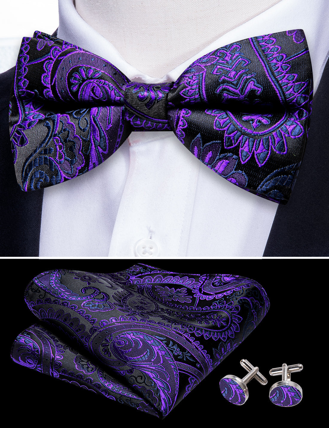 Purple Black Paisley Bow Tie Set - GentCrest - View 4