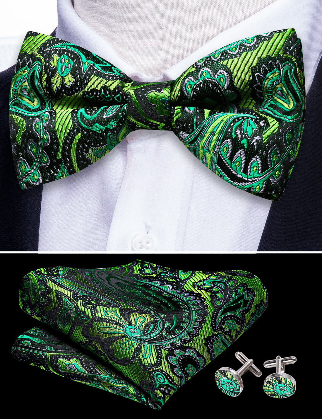 Green Paisley Bow Tie Set - GentCrest - View 4