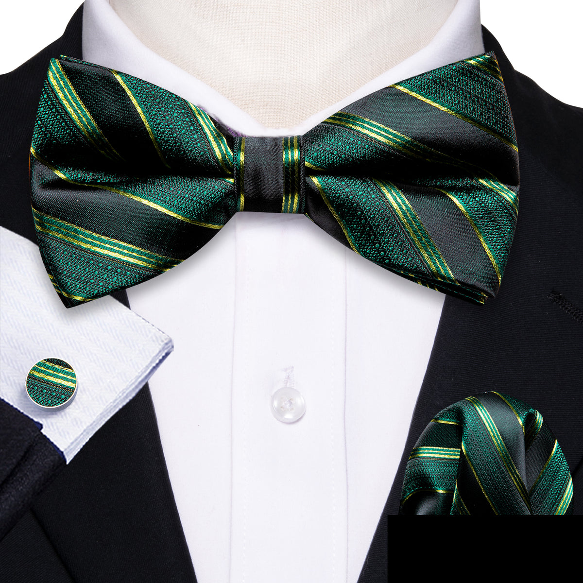 Green Black Striped Bow Tie Set - GentCrest