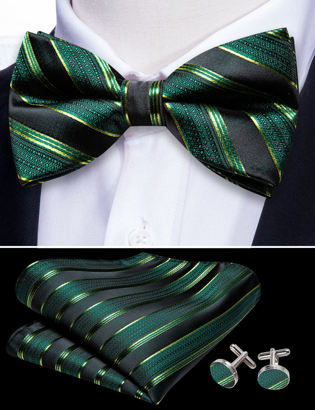 Green Black Striped Bow Tie Set - GentCrest - View 4
