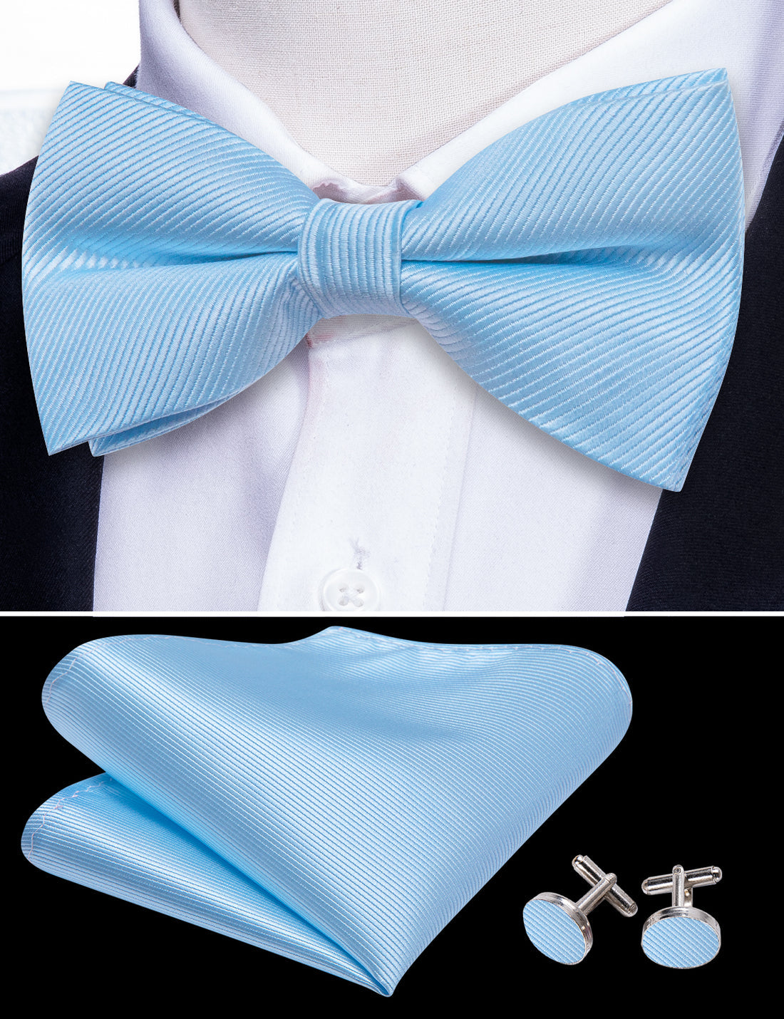 Blue Solid Bow Tie Set - GentCrest - View 5
