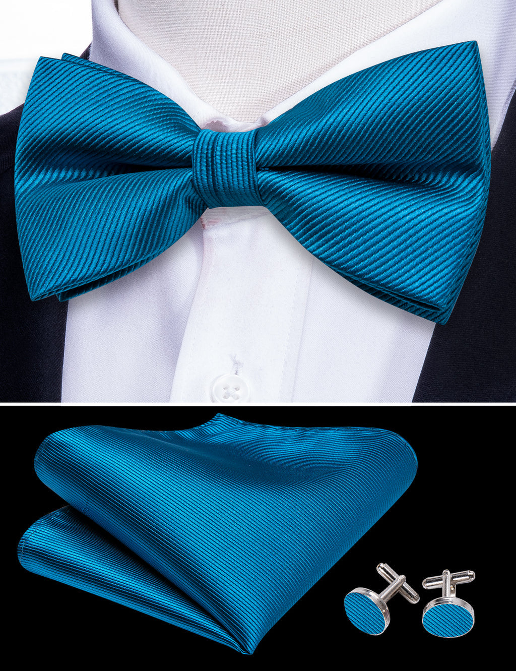 Sky Blue Solid Bow Tie Set - GentCrest - View 5