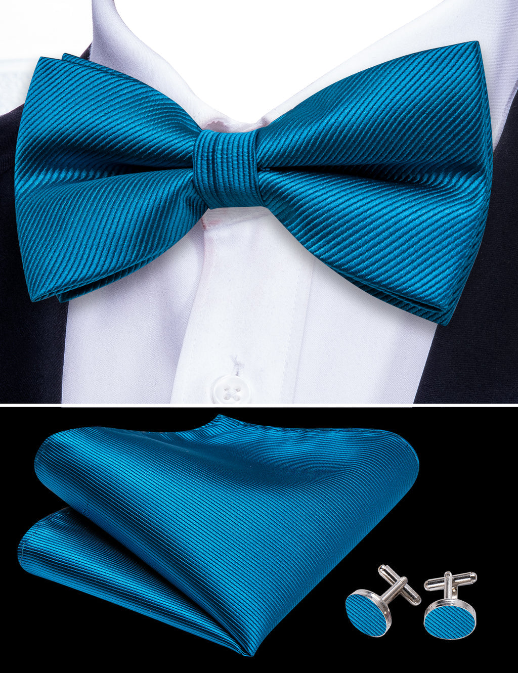 Sky Blue Solid Bow Tie Set - GentCrest - View 6