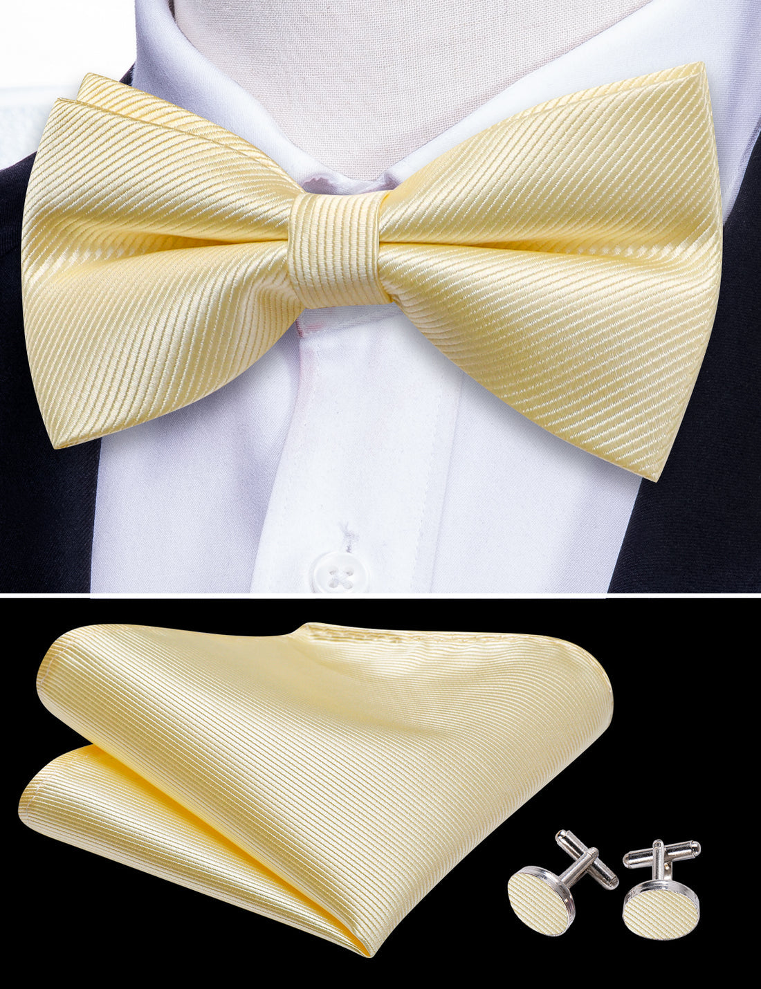 Lemon Chiffon Solid Bow Tie Set - GentCrest - View 5