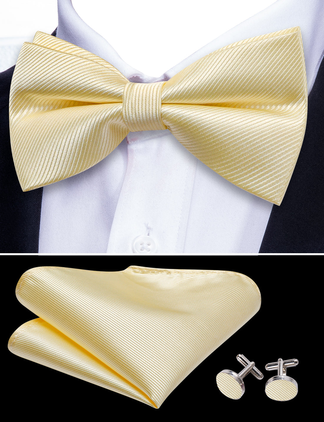 Lemon Chiffon Solid Bow Tie Set - GentCrest - View 6