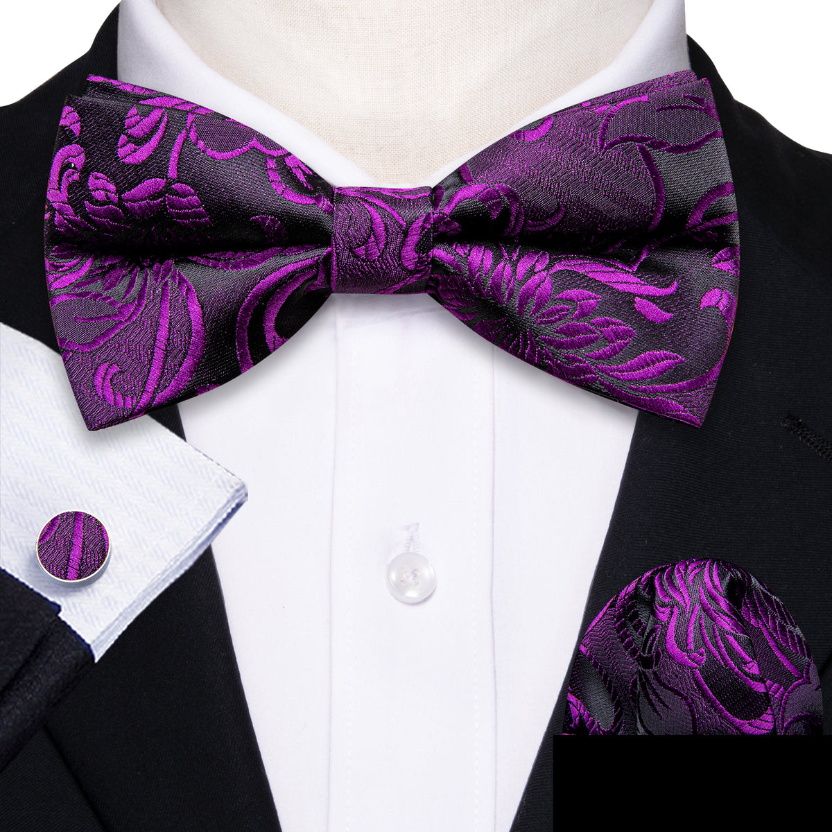 Purple Black Paisley Bow Tie Set - GentCrest - View 2
