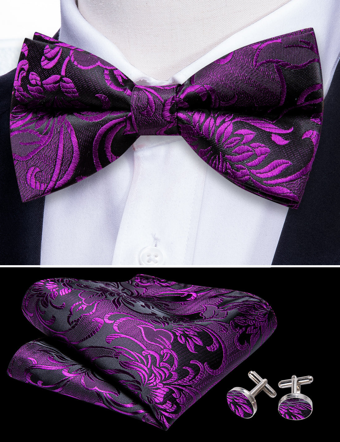 Purple Black Paisley Bow Tie Set - GentCrest - View 5