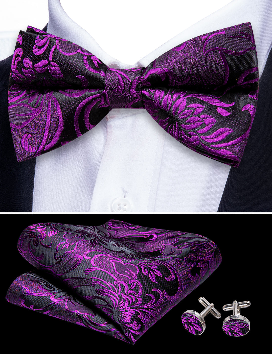 Purple Black Paisley Bow Tie Set - GentCrest - View 6