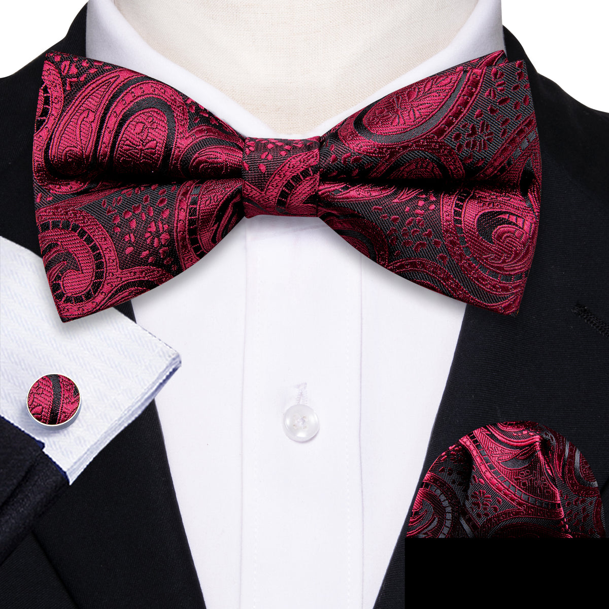 Black Red Paisley Beautiful Bow Tie Set - GentCrest - View 2