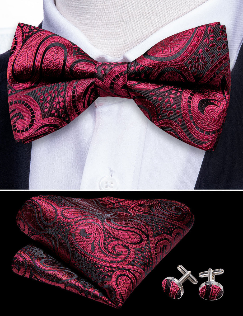 Black Red Paisley Beautiful Bow Tie Set - GentCrest - View 5