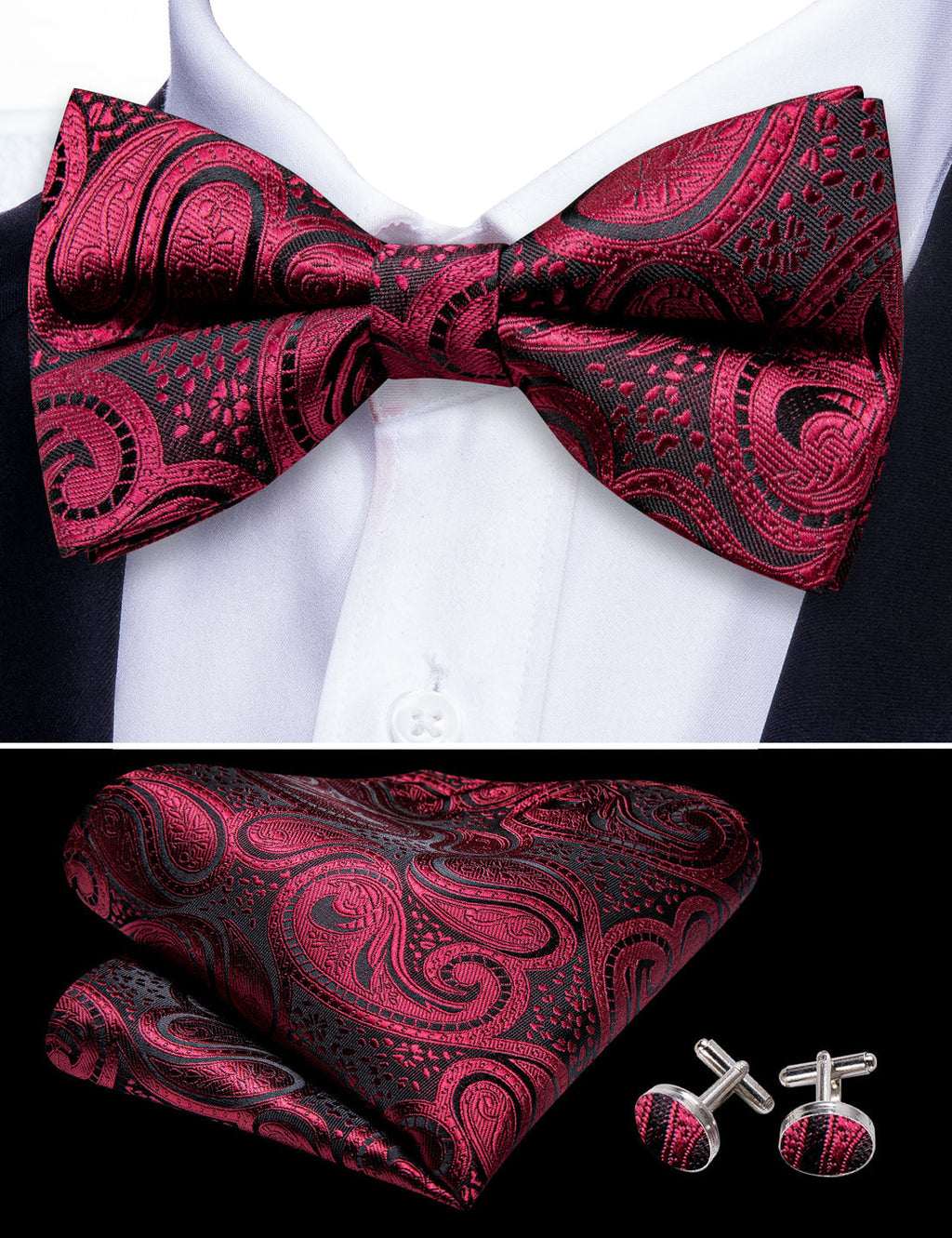 Black Red Paisley Beautiful Bow Tie Set - GentCrest - View 6