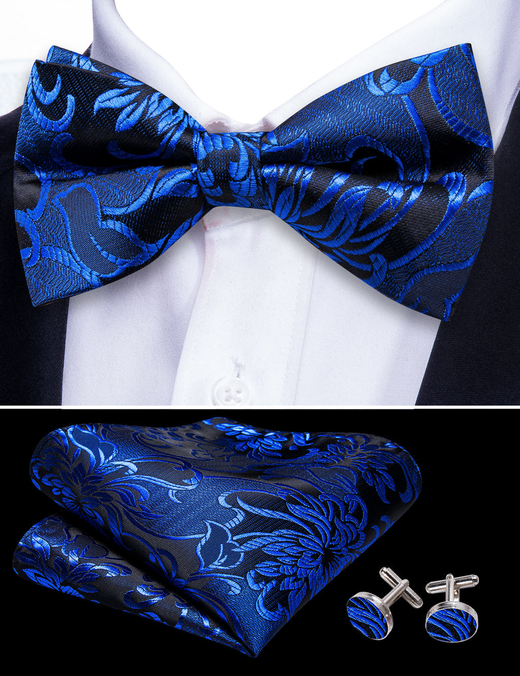 Cobalt Blue Paisley Bow Tie Set - GentCrest - View 6