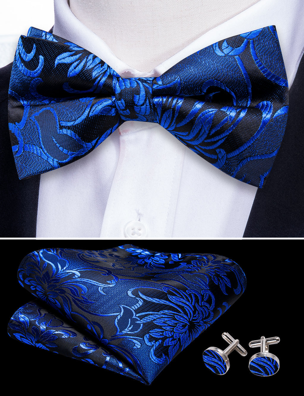Cobalt Blue Paisley Bow Tie Set - GentCrest - View 5