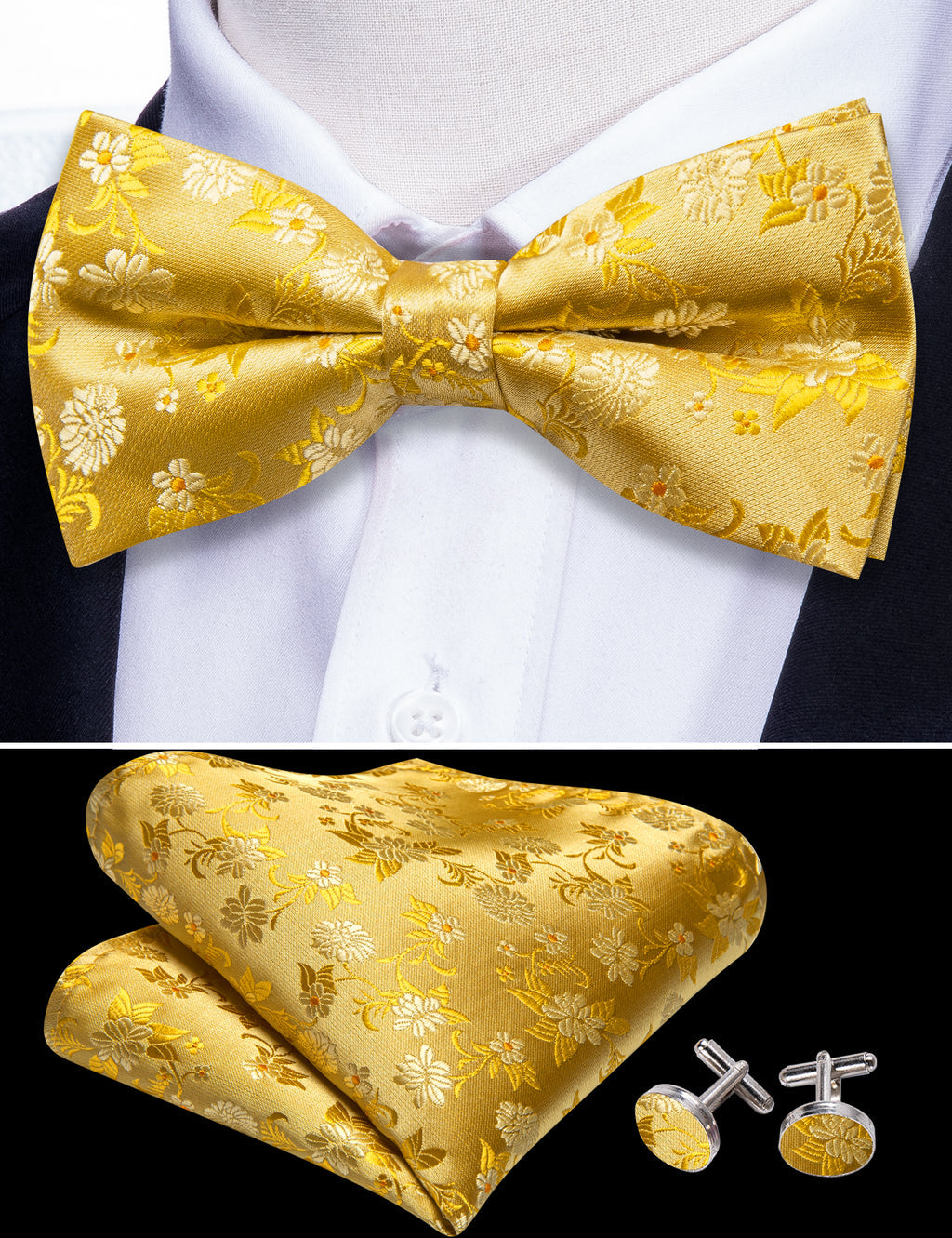 Gold Floral Bow Tie Set - GentCrest - View 5