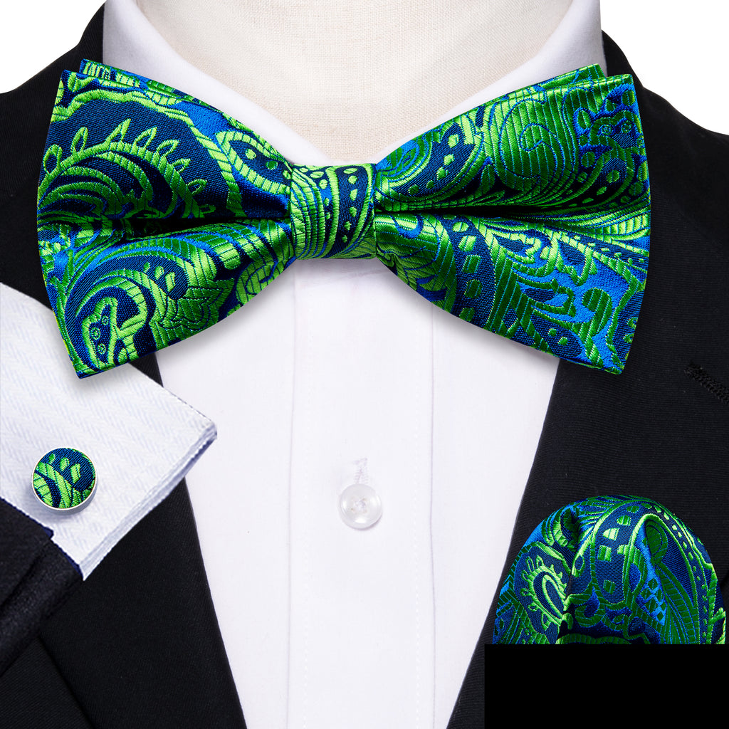 Teal Blue Paisley Bow Tie Set - GentCrest
