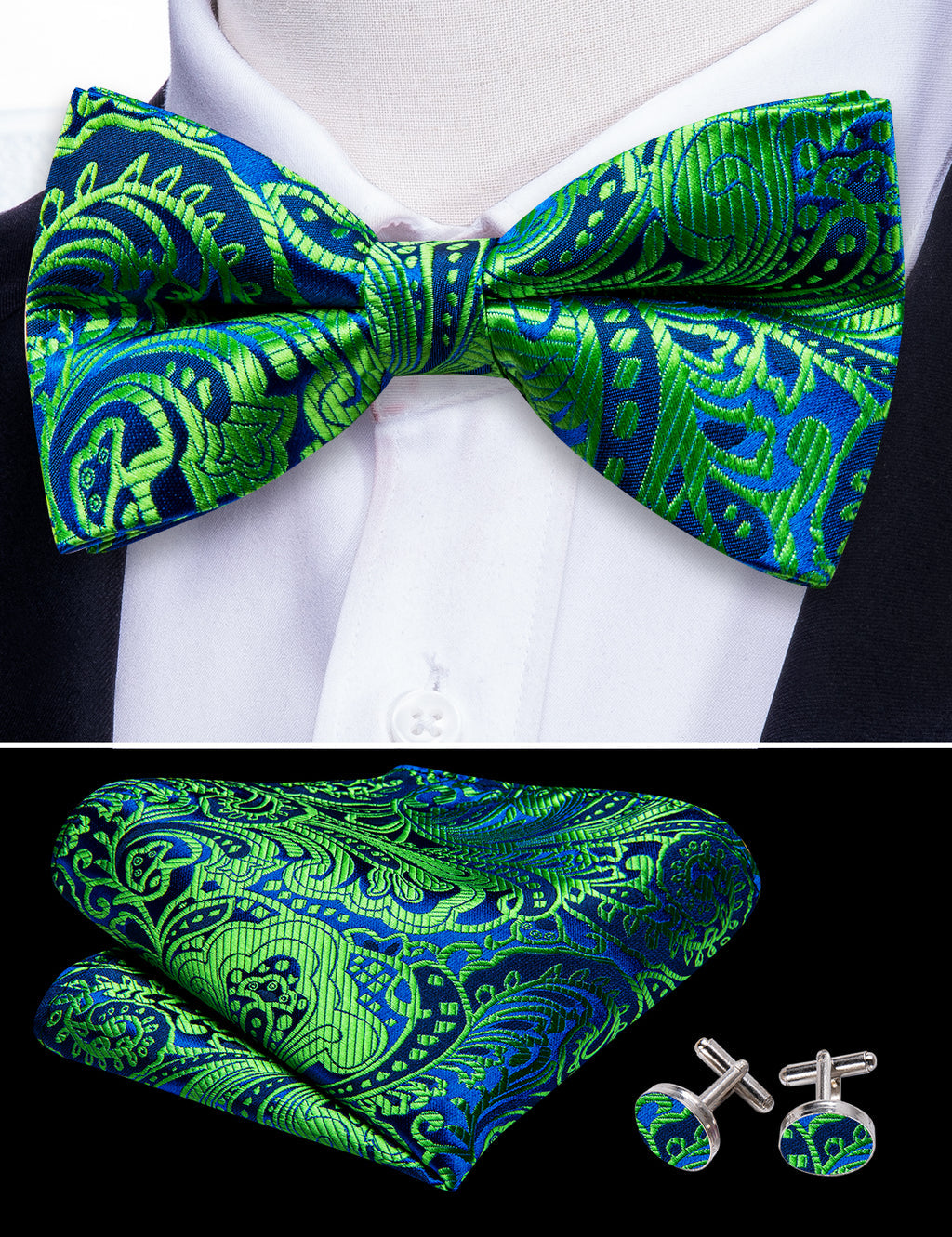 Teal Blue Paisley Bow Tie Set - GentCrest - View 6