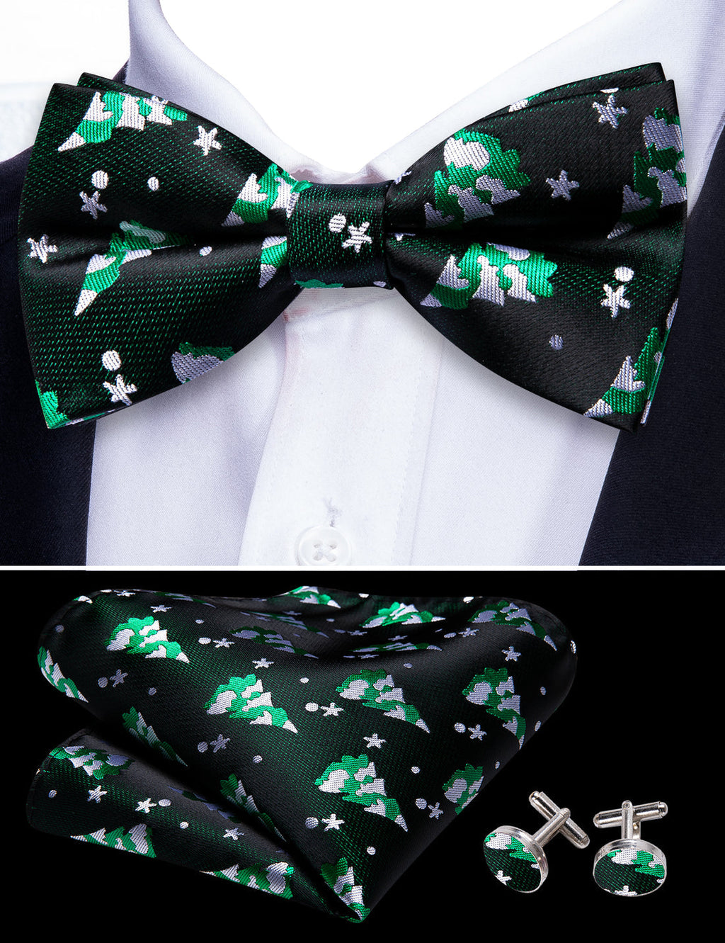 Emerald Green & White Christmas Tree Bow Tie Set - GentCrest - View 4