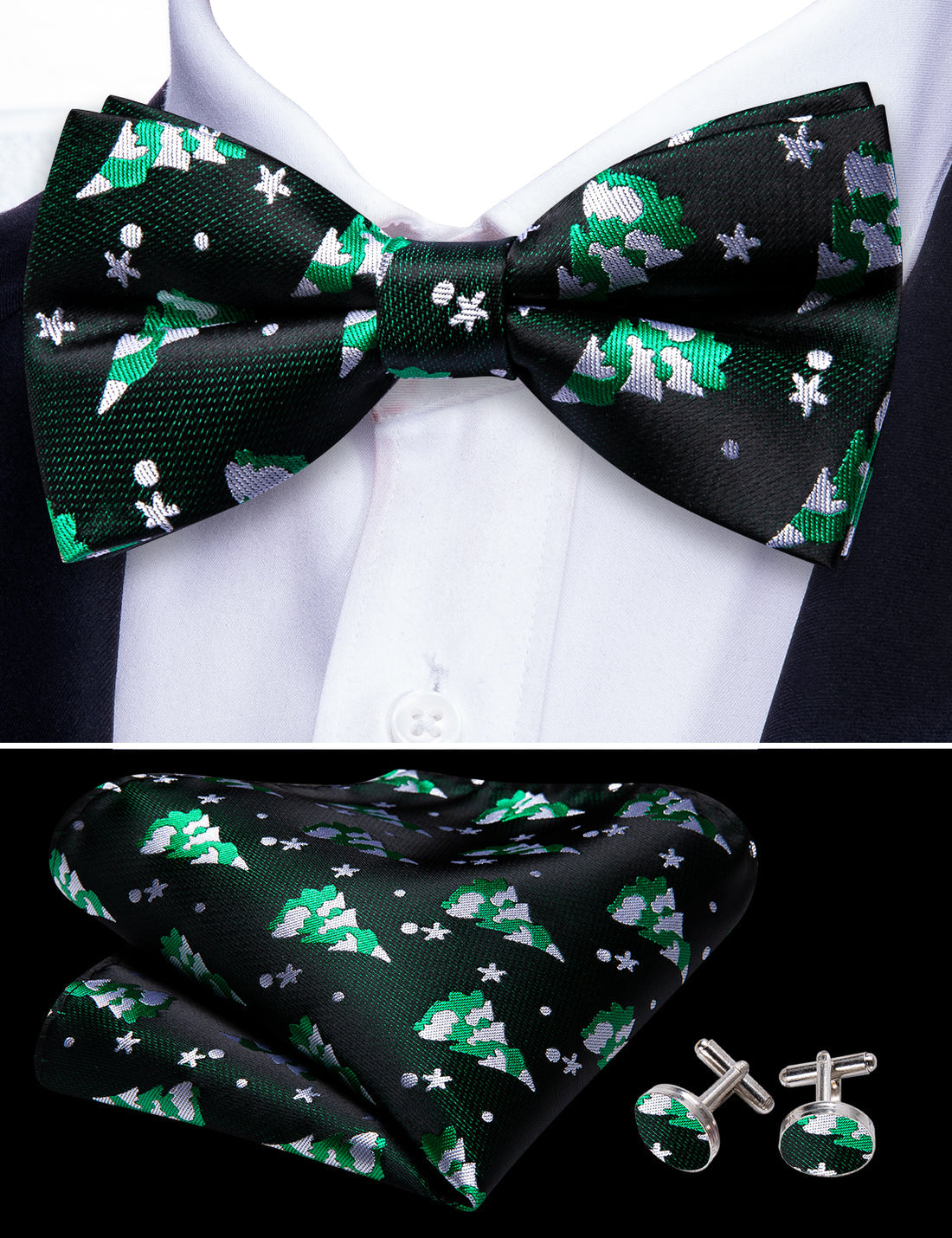 Emerald Green & White Christmas Tree Bow Tie Set - GentCrest - View 4