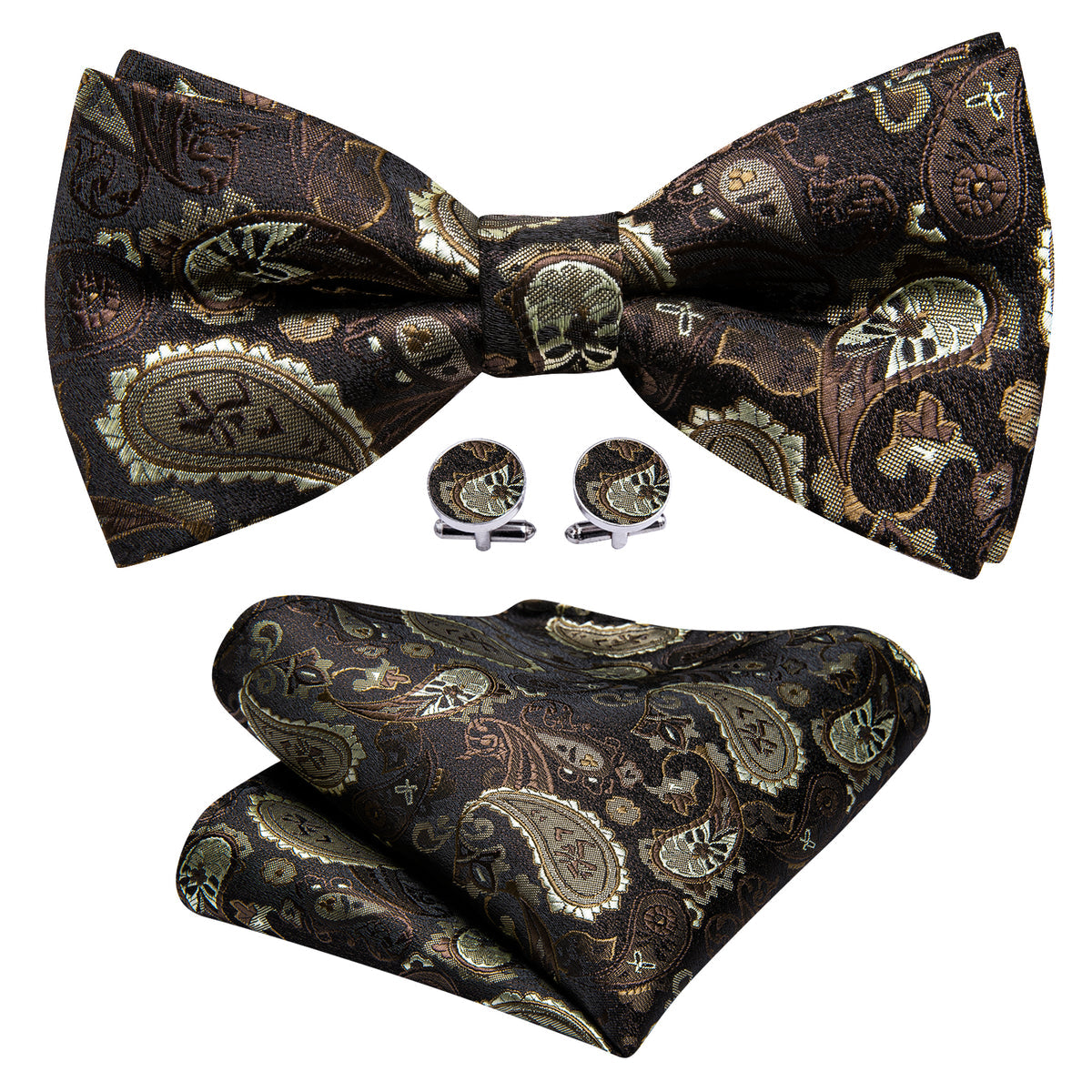 Brown Silver Paisley Bow Tie Set - GentCrest - View 2