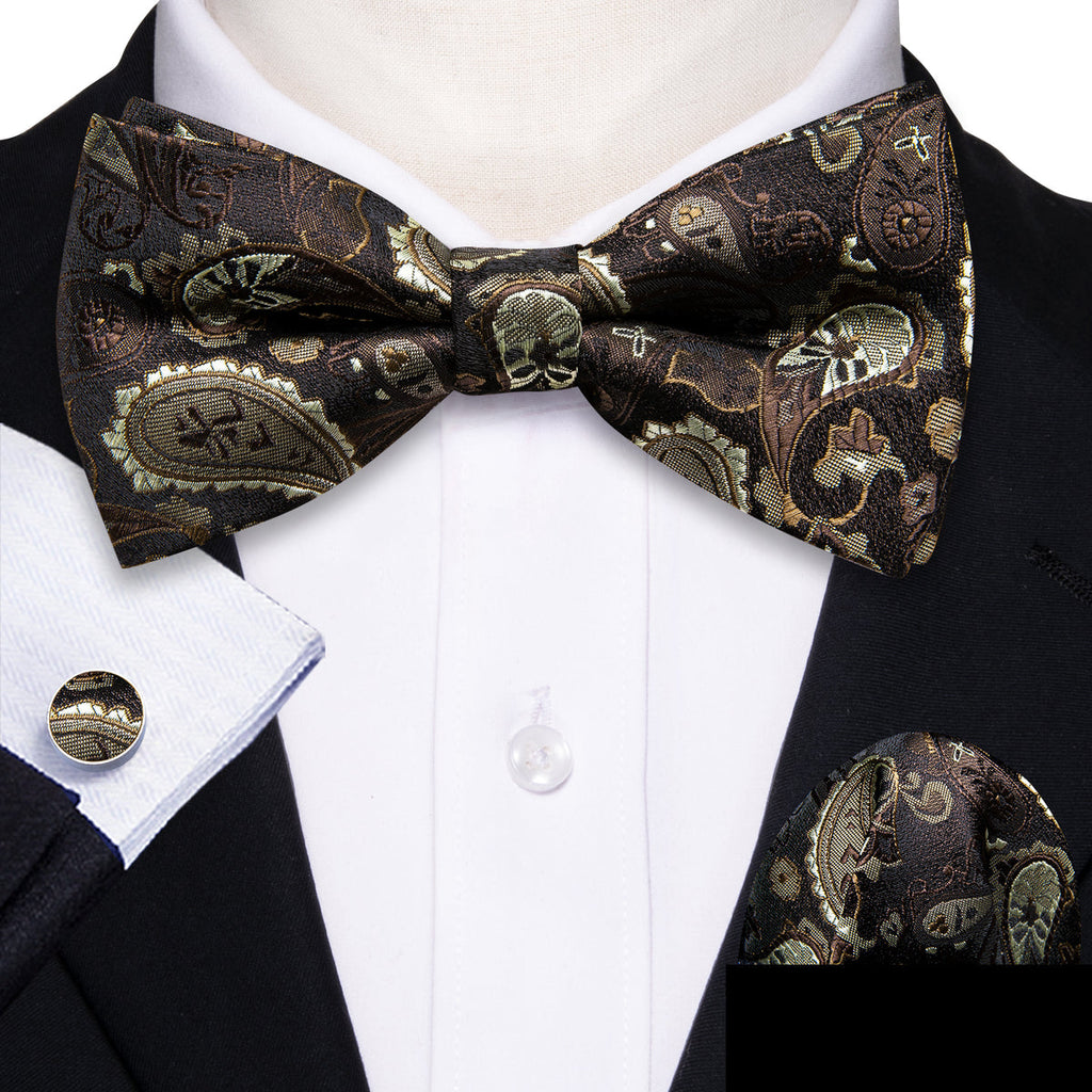 Brown Silver Paisley Bow Tie Set - GentCrest