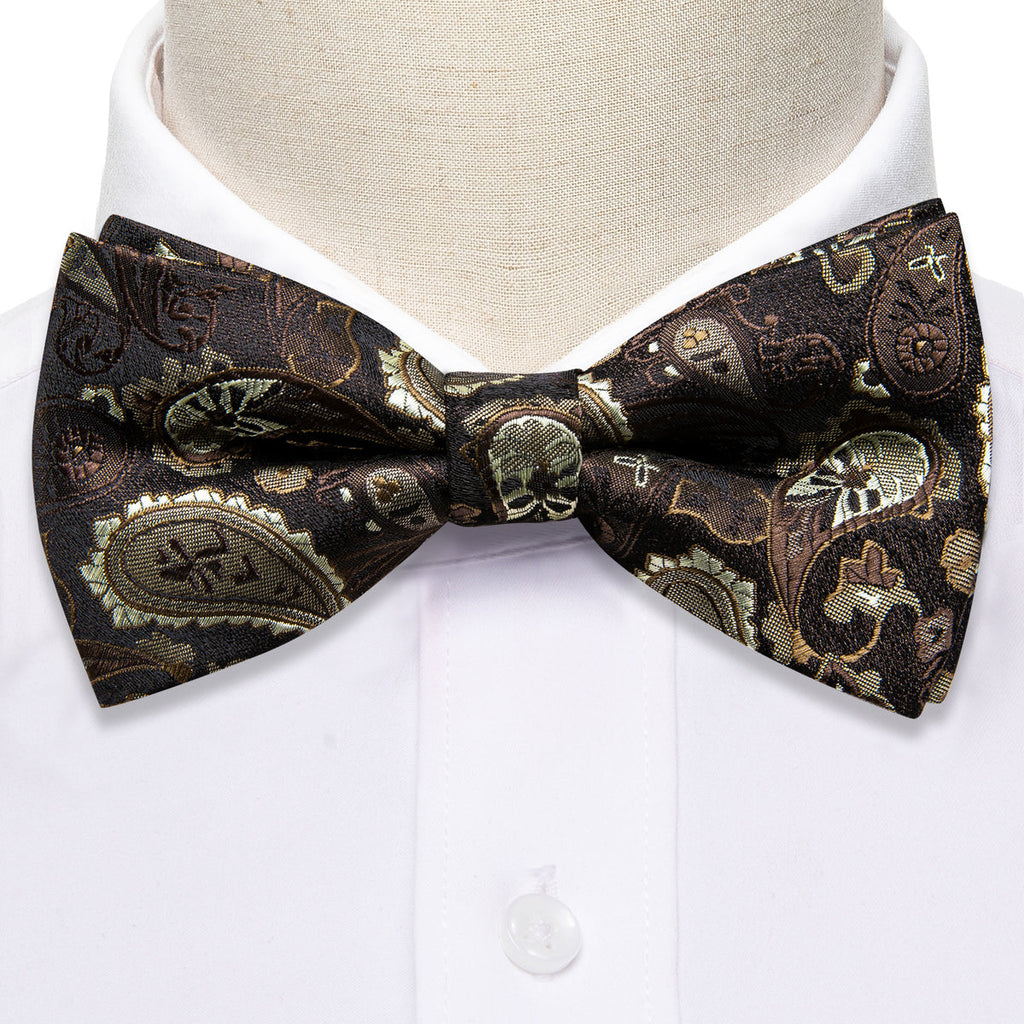 Brown Silver Paisley Bow Tie Set - GentCrest - View 4
