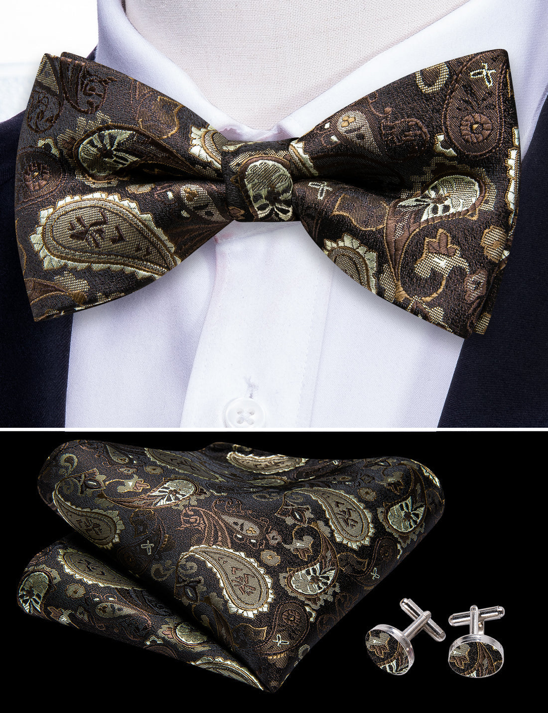 Brown Silver Paisley Bow Tie Set - GentCrest - View 6