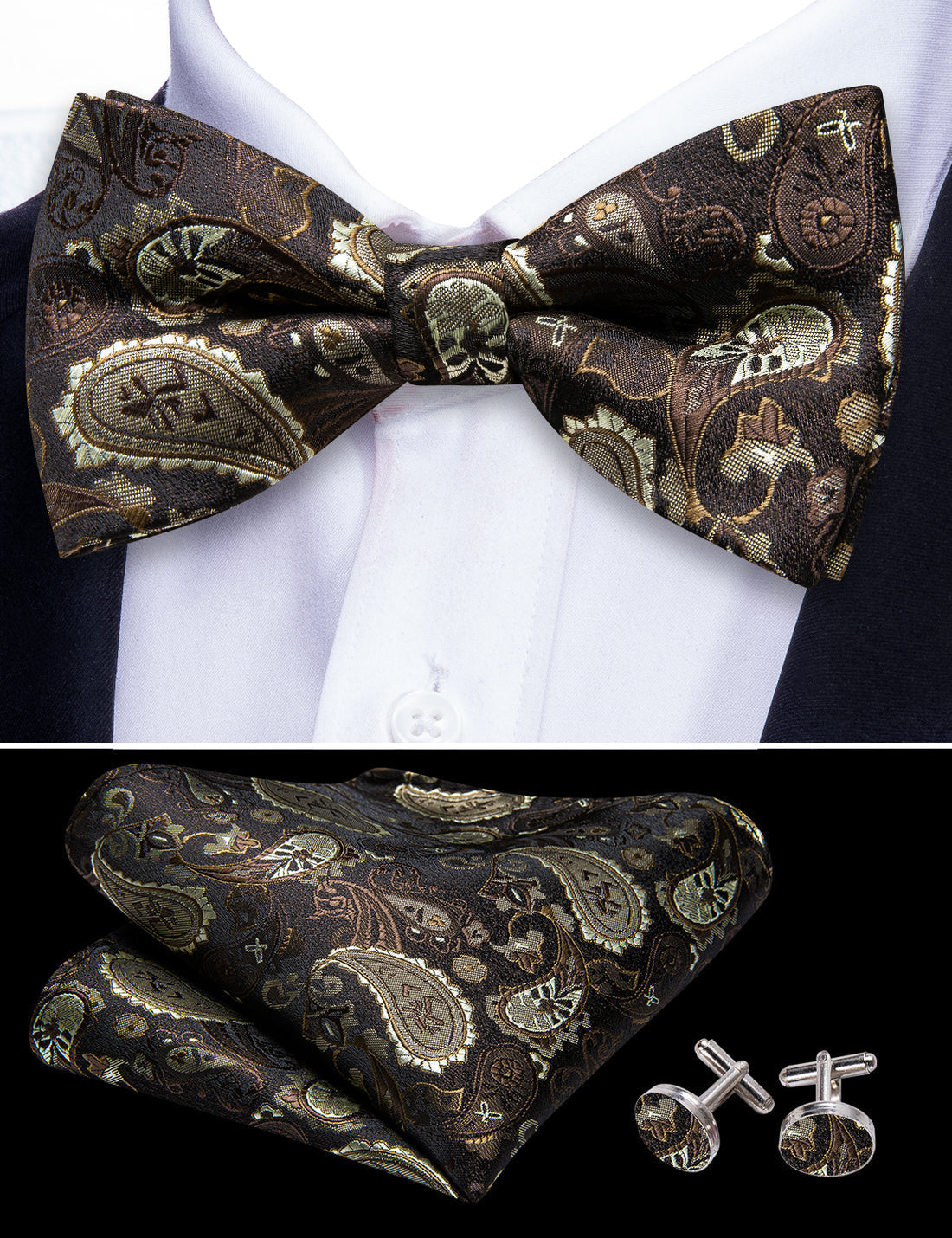 Brown Silver Paisley Bow Tie Set - GentCrest - View 5