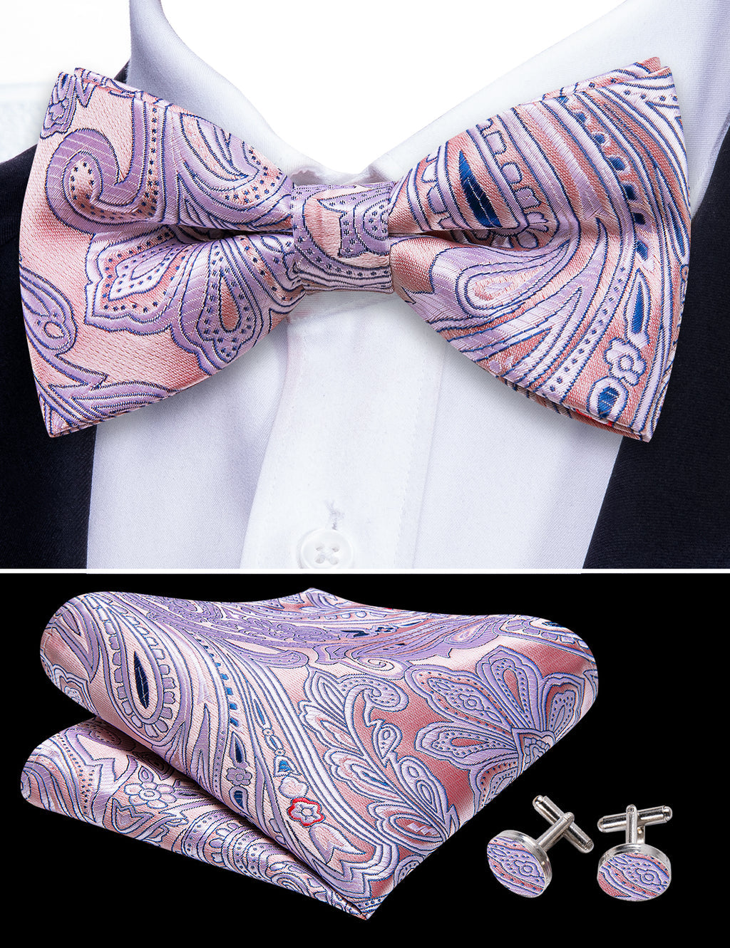 Pink Paisley Bow Tie Set - GentCrest - View 6