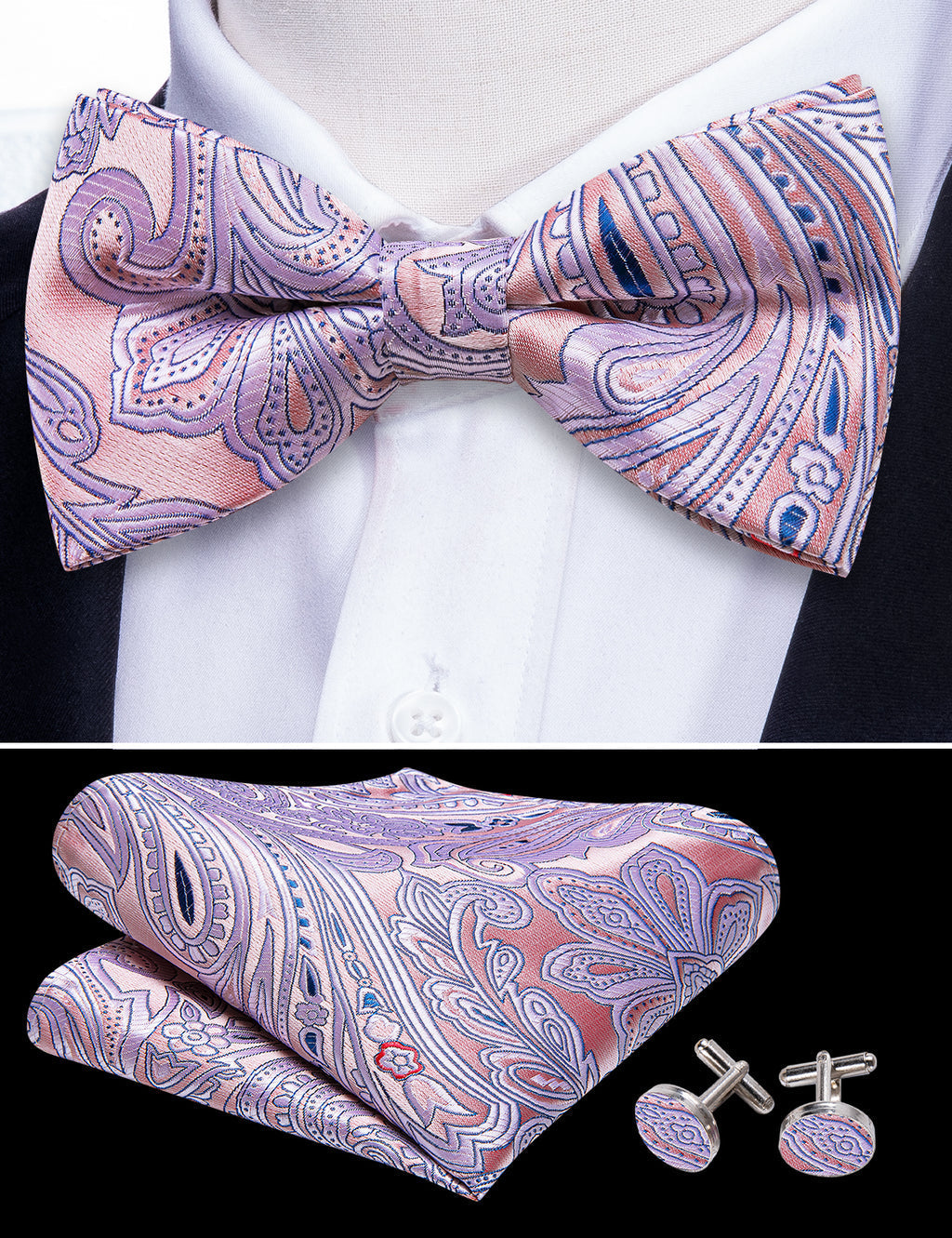 Pink Paisley Bow Tie Set - GentCrest - View 5
