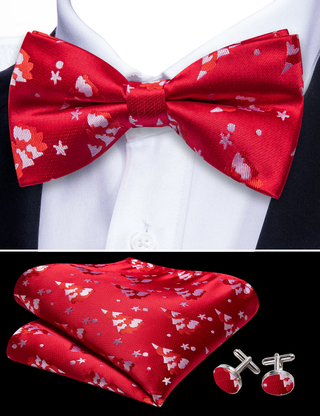 Crimson Red & White Christmas Tree Bow Tie Set - GentCrest - View 4