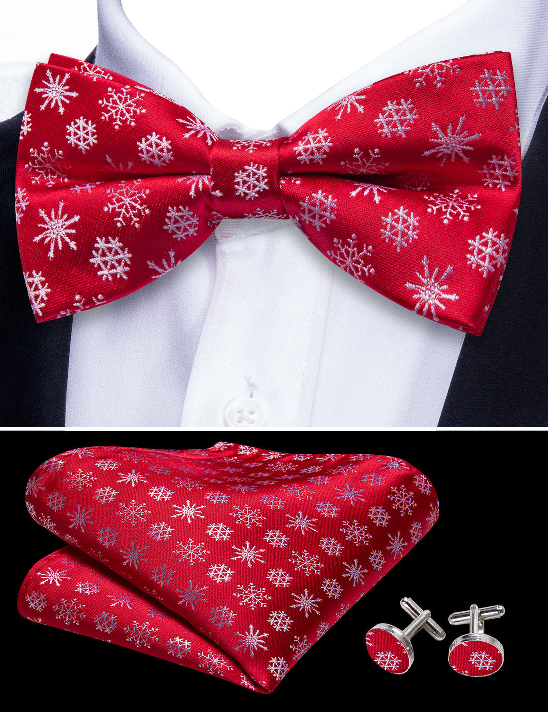 Red White Snowflake Christmas Bow Tie Set - GentCrest - View 5