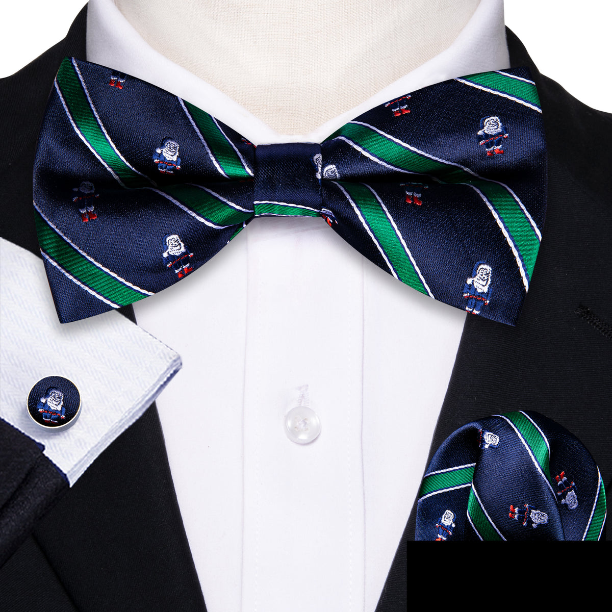 Blue Green Santa Claus Christmas Bow Tie Set - GentCrest - View 2