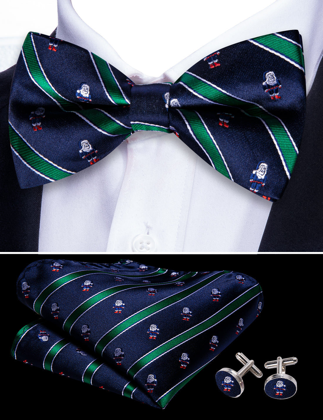 Blue Green Santa Claus Christmas Bow Tie Set - GentCrest - View 5