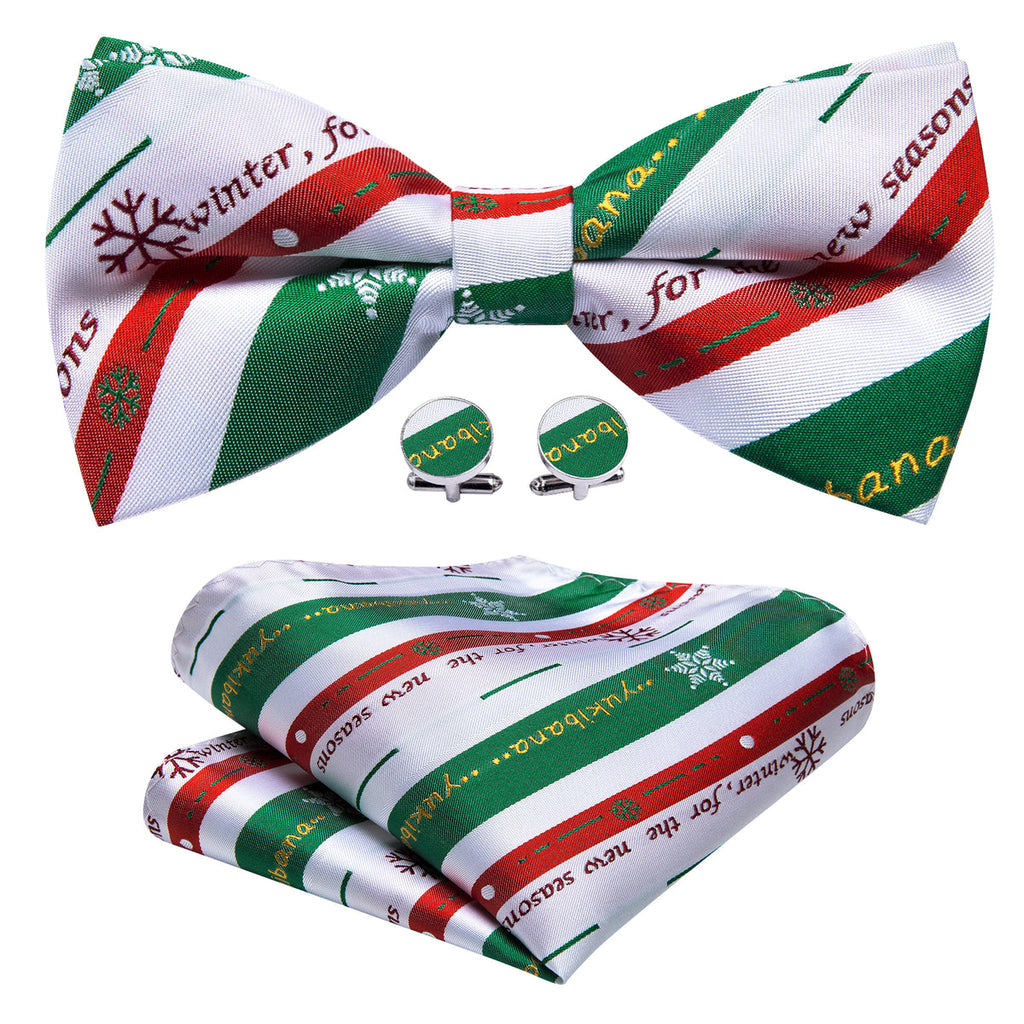 White & Emerald Green Striped Christmas Bow Tie Set - GentCrest - View 4