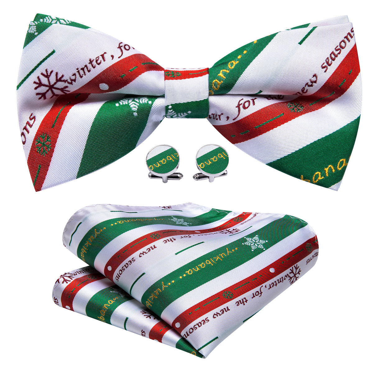 White & Emerald Green Striped Christmas Bow Tie Set - GentCrest - View 4