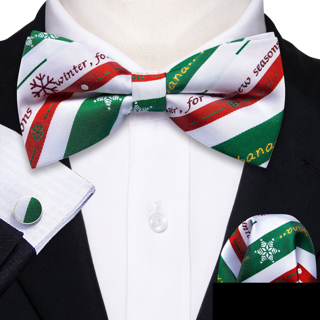 White & Emerald Green Striped Christmas Bow Tie Set - GentCrest
