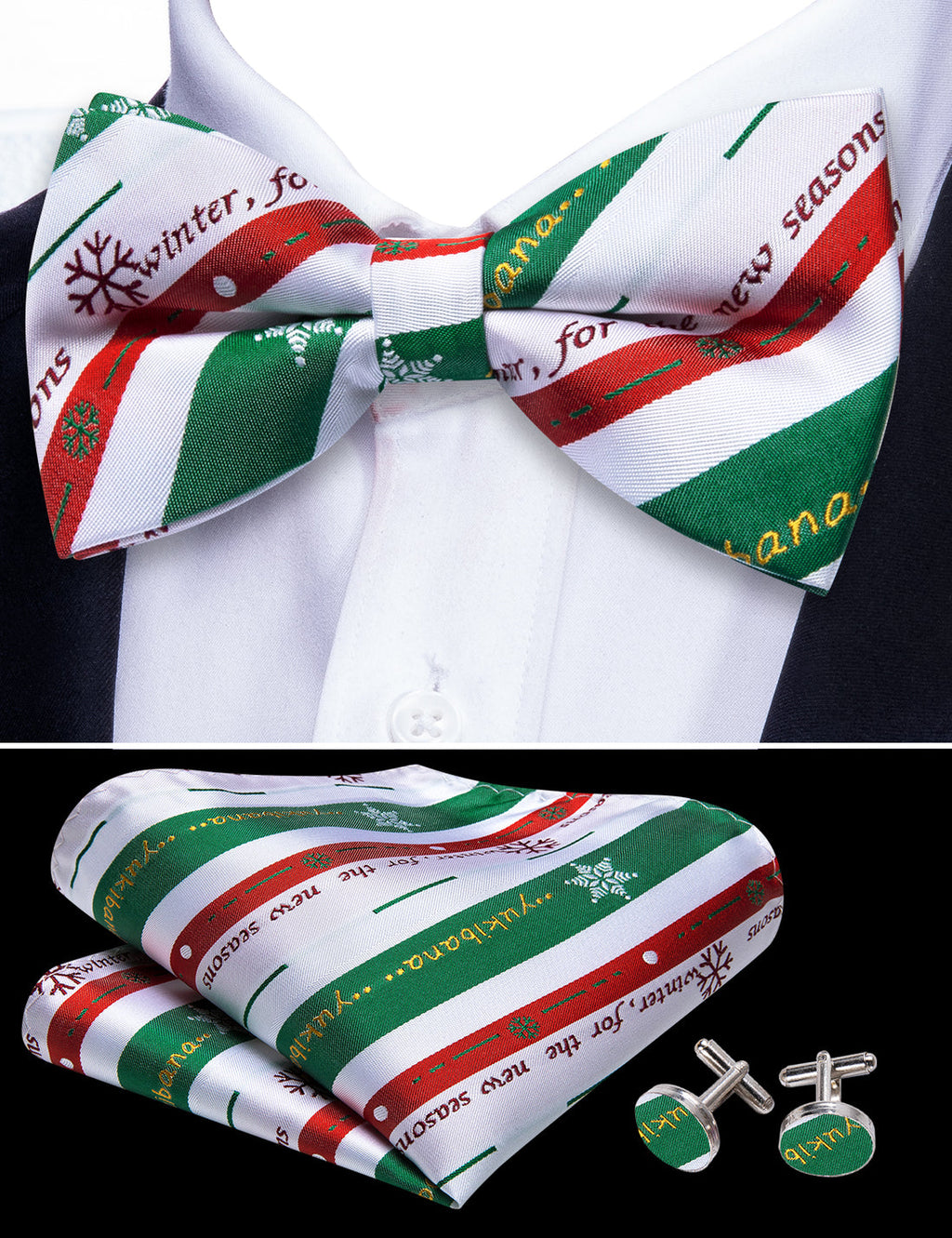 White & Emerald Green Striped Christmas Bow Tie Set - GentCrest - View 5