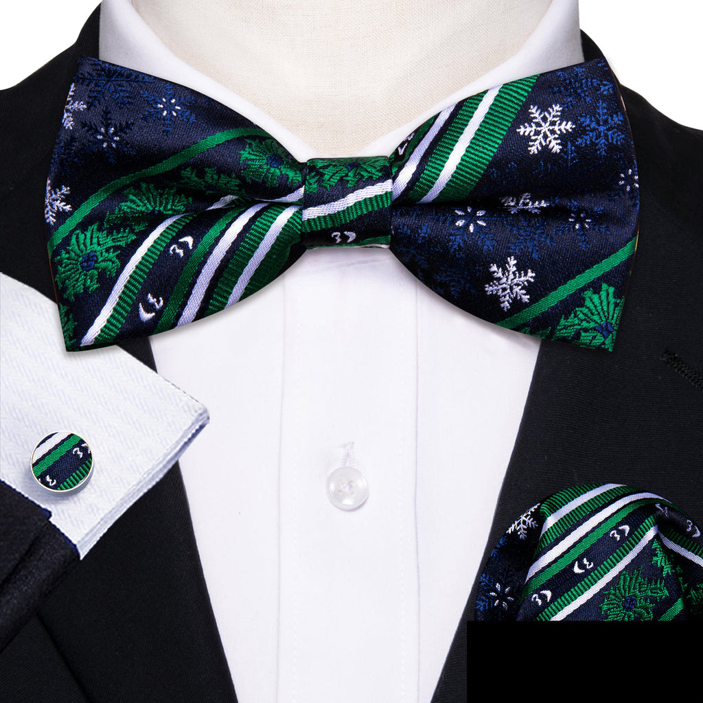 Blue Green Snowflake Christmas Bow Tie Set - GentCrest - View 2