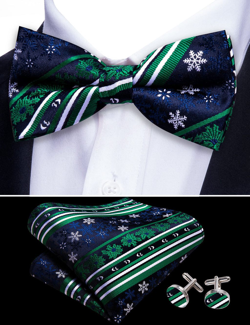 Blue Green Snowflake Christmas Bow Tie Set - GentCrest - View 5