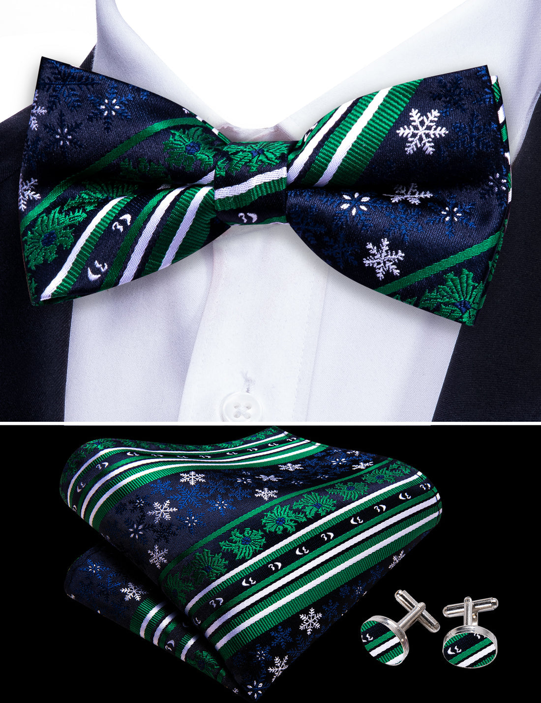Blue Green Snowflake Christmas Bow Tie Set - GentCrest - View 5