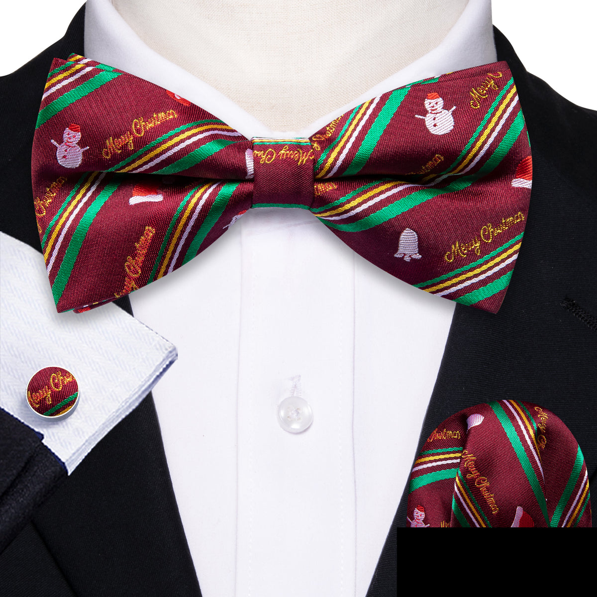 Green Red Xmas Snowman Bow Tie Set - GentCrest - View 2