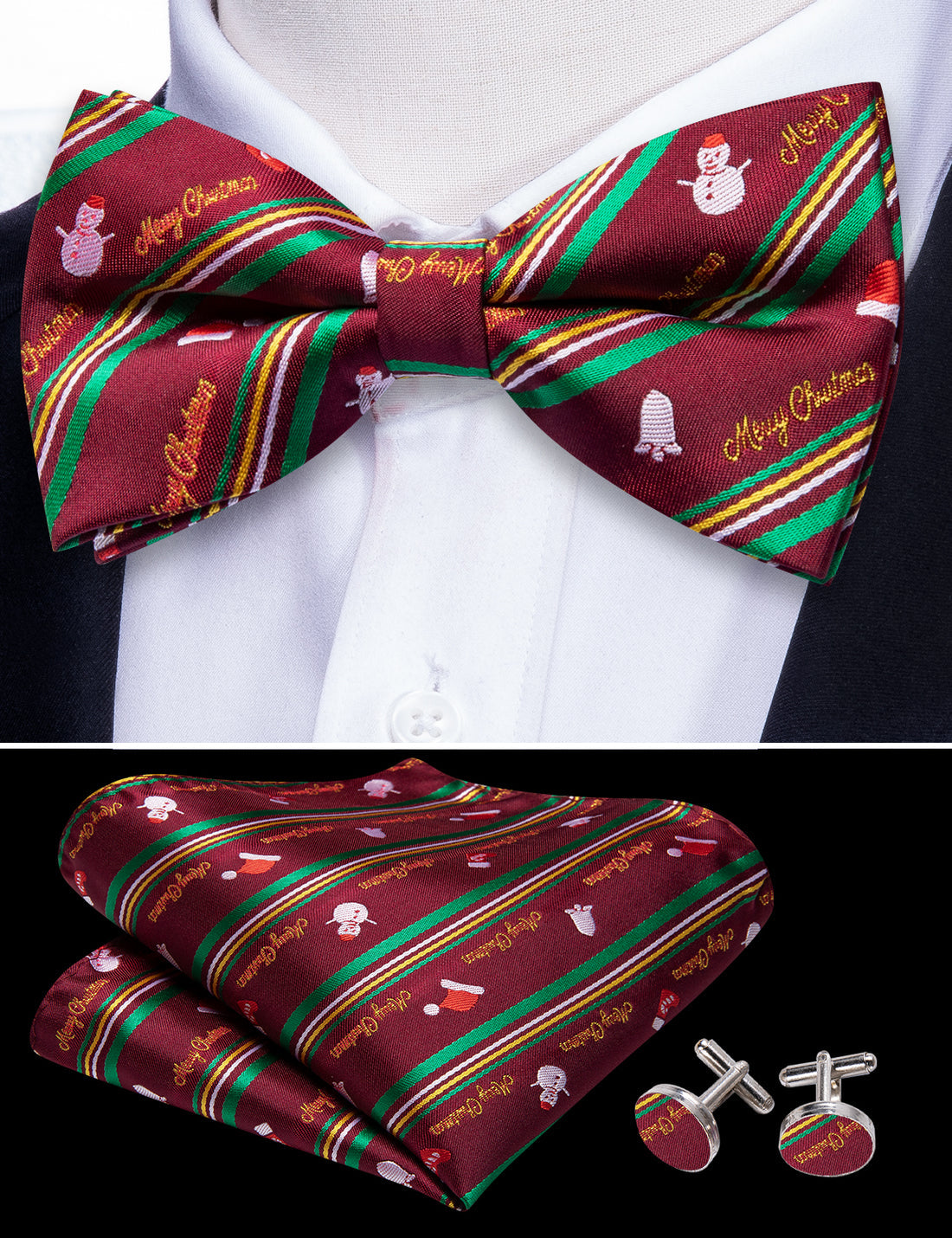 Green Red Xmas Snowman Bow Tie Set - GentCrest - View 5