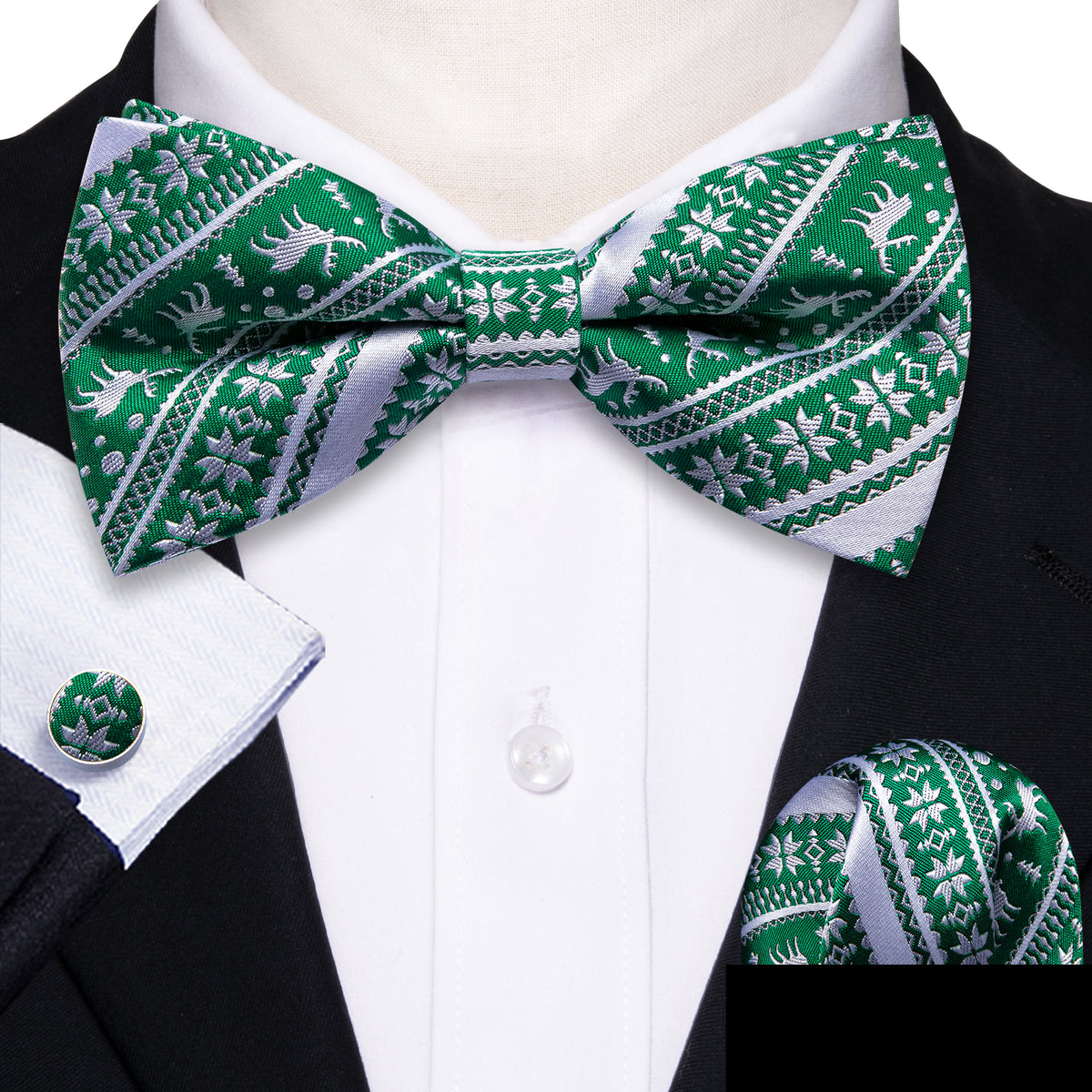 Green White Xmas Elk Bow Tie Set - GentCrest - View 2