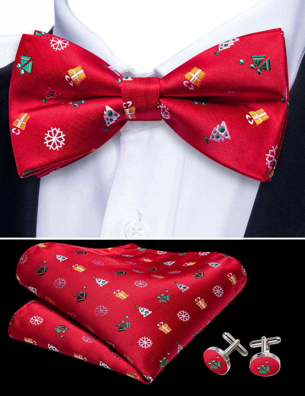 Red Xmas Pattern Bow Tie Set - GentCrest - View 5