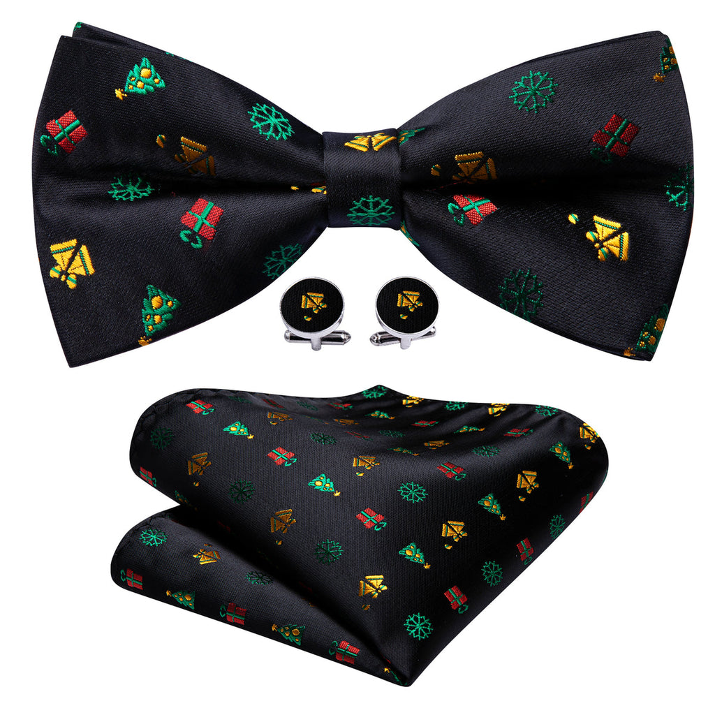 Black Xmas Pattern Bow Tie Set - GentCrest