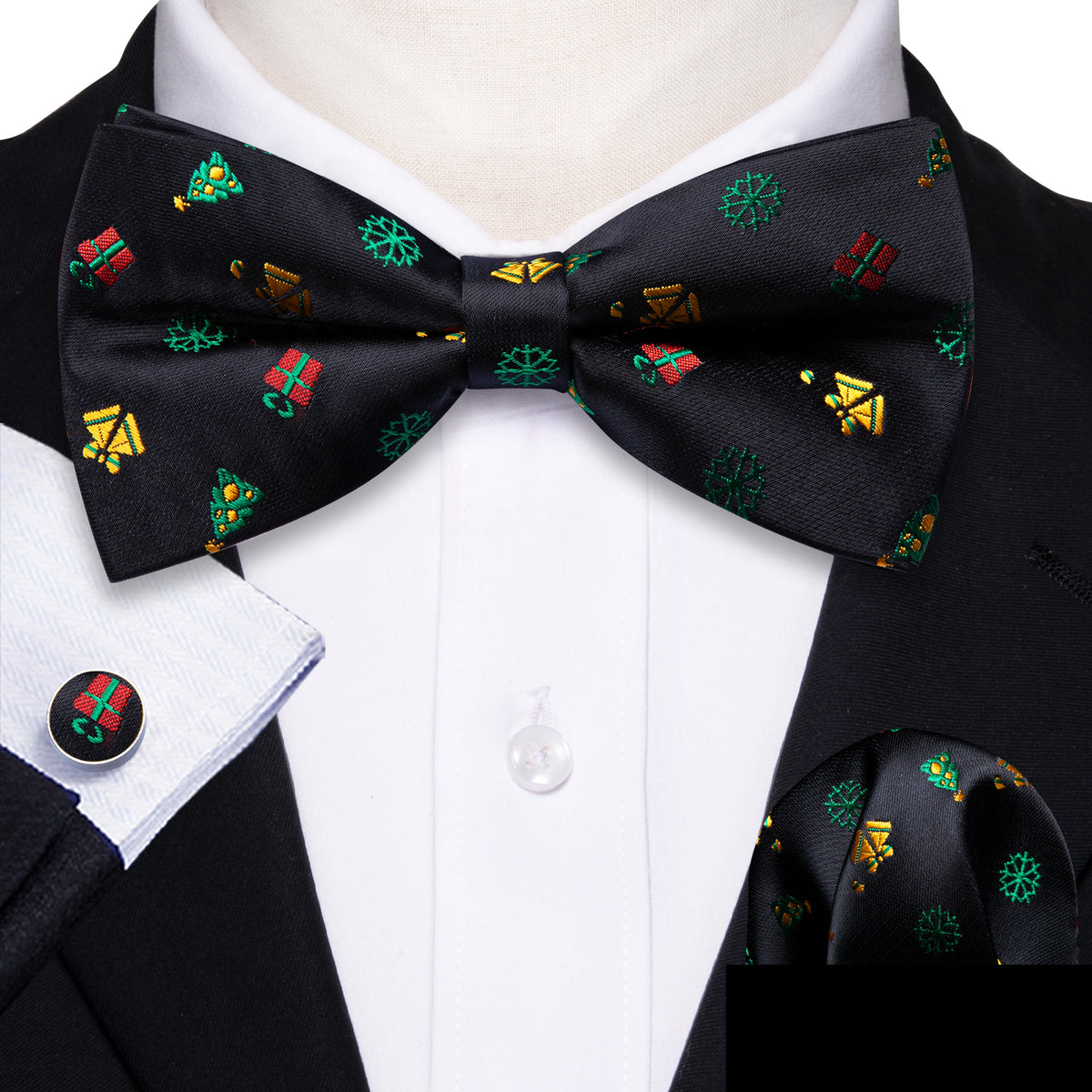 Black Xmas Pattern Bow Tie Set - GentCrest - View 2