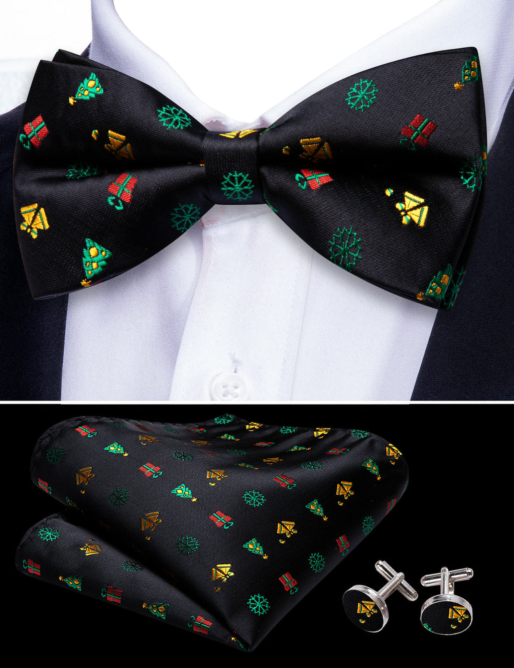 Black Xmas Pattern Bow Tie Set - GentCrest - View 5