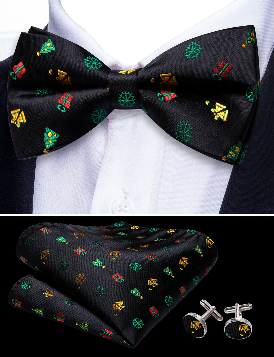 Black Xmas Pattern Bow Tie Set - GentCrest - View 5